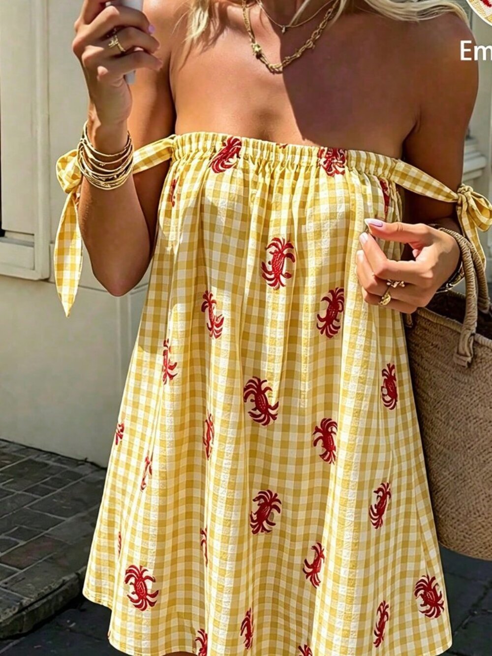 Yellow Elegant Women's Short Plaid Crab Embroidered Strapless A-Line Mini Dress